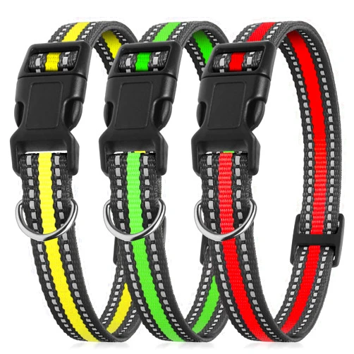 PetJoy 3-Pack Dog Collar - Quick-Release Buckle & D-Rings - Reflective Multi-Color (R/Y/G) - Adjustable 8-27