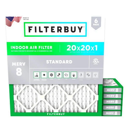 Filterbuy 20x20x1 Air Filter MERV 8 Dust Defense (6-Pack), Pleated HVAC AC Furnace Air Filters Replacement (Actual Size: 19.50 x 19.50 x 0.75 Inches)