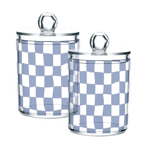 Caihoyu 2 PACK Blue Distorted Checkered 3d Plaid Tartan Check Qtip Holder Dispenser for Cotton Ball, Cotton Swab, Cotton Round Pads, Floss Picks - Plastic Apothecary Jar Set for Bathroom Canister Storage Orga