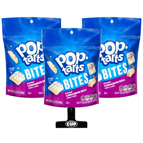 By The Cup Pop-Tarts Bites Frosted Cinnamon Roll, 3.5 oz (Pack of 3) with By The Cup Bag Clip