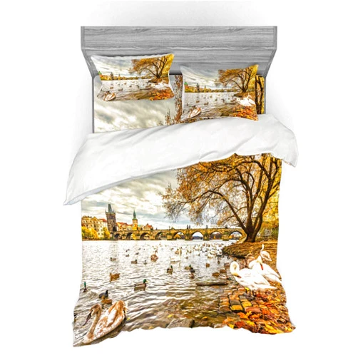 Ambesonne Landscape Bedding Set, Prague Charles Bridge Old Town Czech Republic Riverside Scenic View with Swans, 4 Piece Duvet Cover Set with Shams and Fitted Sheet, California King, Multicolor