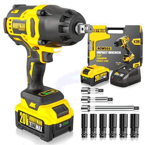 Alloyman 1/2 inch Impact Wrench Cordless, Max Torque 555 Ft-lbs Battery Impact Wrench 20V Brushless Motor 2000 RPM, with 6 Sockets, 3 Extension Bars, 4.0 AH Li-ion Battery and 1 Hour Fast Charge
