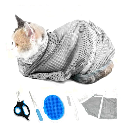 YYanniwani Adjustable Multifunctional Anti-Bite Shower net Bag，Cat Grooming Mesh Bag, Cat Bathing Bag，Cat Bath Brush and Cat Nail Clipper