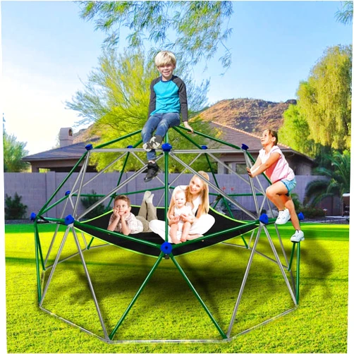 Hisecome 10FT Dome Climber with Hammock for Kids 3 to 8 Outdoor Play Equipment, Climbing Dome Supports up to 800lbs Jungle Gym,Green+Grey