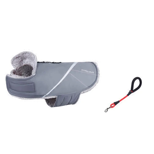 VIVAGLORY Snowrap Dog Coat + Short Dog Leash, Fluffy Warm Fleece Lined Reflective Water Resistant for Puppy, Soft Padded Handle for Training & Walking