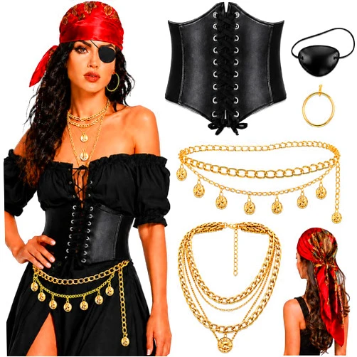 UYY 6PCS Pirate Costume Accessories for Women with Head Scarf Bandanas,Eye Patch,Corset,Necklace,Waist Chains,Earring