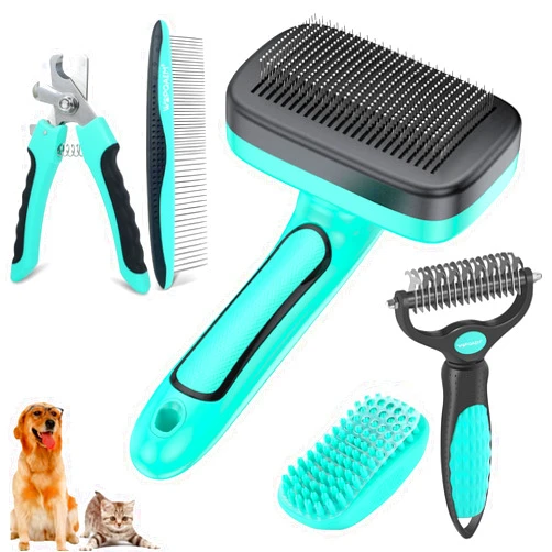 WOPQAEM Dog Brush Kit for Grooming Short & Long Haired Dogs & Cats, 5 in 1 Pet Grooming Set for Small Animals, 5 PCS Puppy Self-Cleaning Slicker Brush and Pet Comb for Shedding Medium & Large Dogs