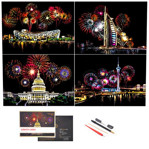 BOTEEN Scratch Painting Rainbow Paper by BOTEEN, Sketch DIY Art Craft City Series Night View Creative Gift, Scratchboard for Adults and Kids ,Craft Kits with 4 Tools (A4- 4pack）