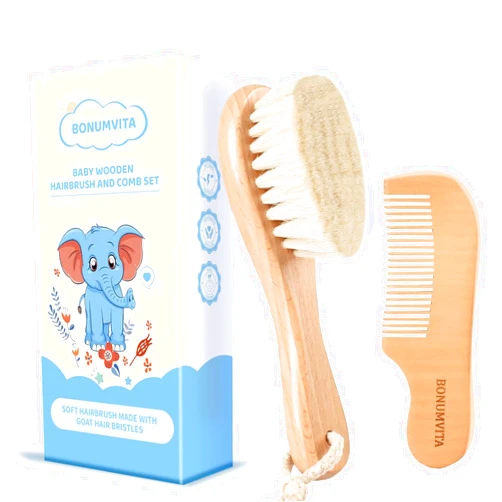BONUMVITA Baby Hair Brush and Comb Set, Wooden Baby Hair brush with Soft Goat Bristle and Wood Comb for Newborn Essentials, Good for Cradle Cap