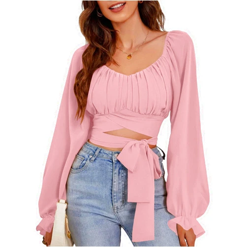 Rooscier Women's Ruched Wrap Square Neck Flounce Long Sleeve Self Tie Crop Top Blouse