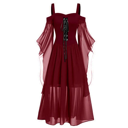 FRMUIC Renaissance Gothic Dress for Women Halloween Costume Off Shoulder Lace Trumpet Sleeve Dress Medieval Steampunk Dress