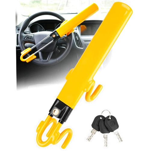 Tevlaphee Steering Wheel Lock - Heavy Duty Antitheft Device and Car Security Lock with Adjustable Locking and 3 Keys - Great Vehicle and Truck Deterrent (Yellow)