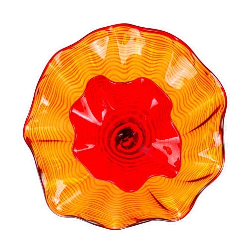 Zonsbin Hand Blown Glass Plate for Wall Decor Unique 2-tier Flower Shaped Glass Wall Decoration Platters, 12 Inch Diameter, Red Orange Hanging Plates for Staircase, Living Room, Entry, Hallway