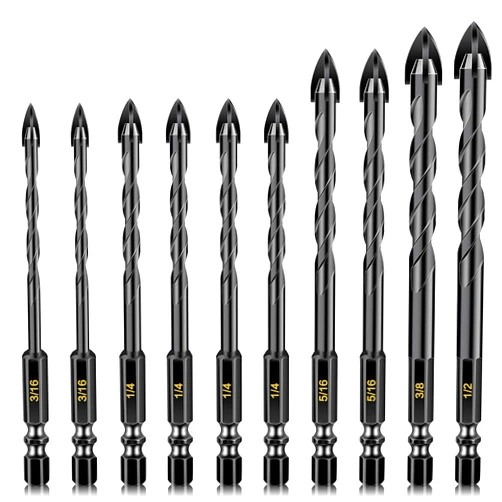 DKIBBITH Masonry Concrete Drill Bit Set for Tile, Brick, Glass, Plastic and Wood, Tungsten Carbide Tip Work with Ceramic Tile, Wall Mirror, Paver on Concrete or Brick Wall, 10 Pcs