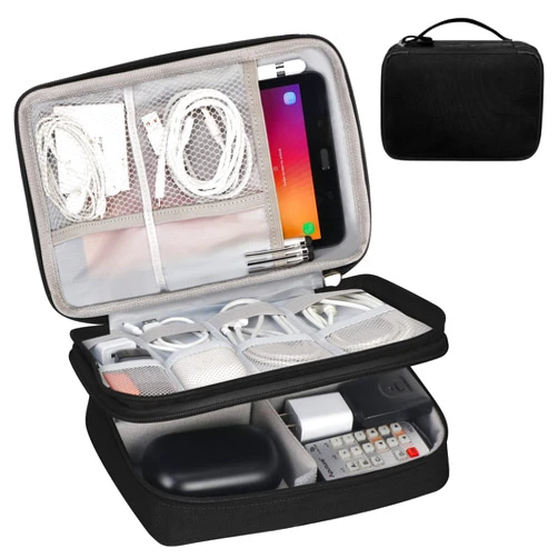 FYY Travel Cable Organizer Pouch Electronic Accessories Carry Case Portable Waterproof Double Layers All-in-One Storage Bag for Cord, Charger, Phone, Hard Drive, Black