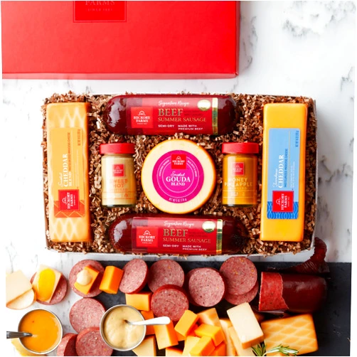 Hickory Farms Beef Summer Sausage & Cheese Medium Gift Basket | Gourmet Food Gift Box | Charcuterie | Father's Day Gift | Great For Birthday, Congratulations, Sympathy, Retirement, Thinking of You
