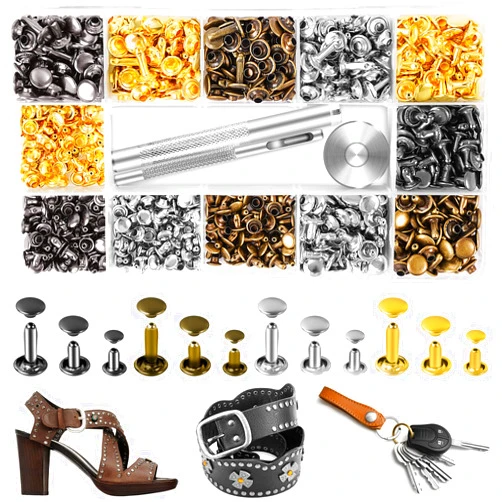 Jetmore 420 Sets Leather Rivets, Rivets for Leather Crafting, 4 Colors and 3 Sizes Leather Rivet Kit with 3pcs Leather Tools, Rivets for Fabric, Remaches para Cuero, Double Cap Brass Rivets for Decoration