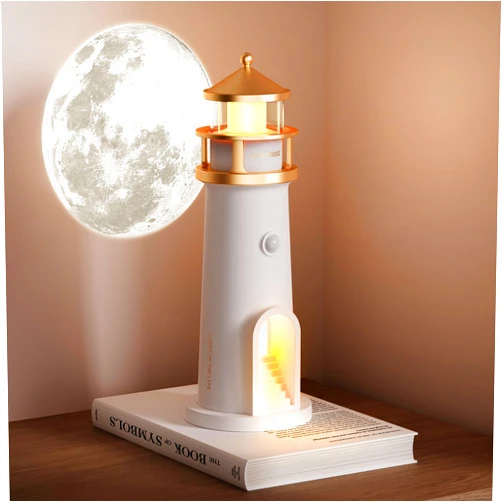 NEWSEE LED Cordless Night Lights Set of 2, Wireless Portable Motion Sensor Moon Lighthouse Lamp, Rechargable Battery Powered Table Lamps for Kids, Children, Gifts, Bedroom, Nursery, Decor, 9.6 inch