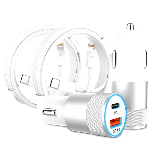 PAIMIAN Car Charger, [Apple MFi Certified]2 Pack 48W Dual Port USB C Car Charger All Metal iPhone Fast Car Adapter with 2x3ft Lightning Cable for Carplay, Type C fast Charging for iPhone/iPad/Airpods and more