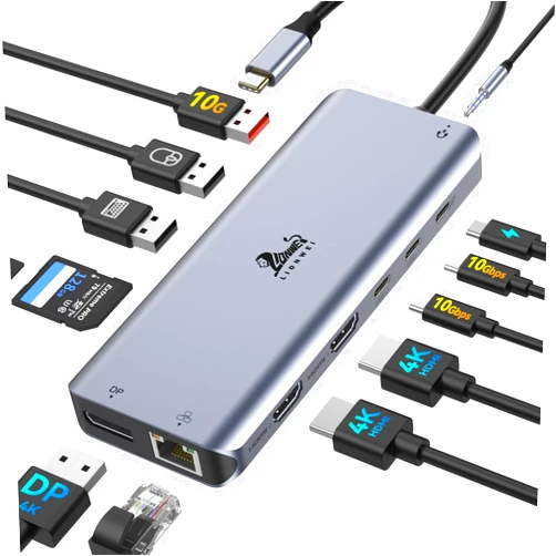 LIONWEI USB C Laptop Docking Station 3 Monitors - 13 in 1 USB C Hub with 2 HDMI+DisplayPort+10Gbps USB A/C, 6 USB, 100W PD, Ethernet, SD/TF, Audio, LIONWEI USB C Dock for MacBook/Dell/HP/Surface