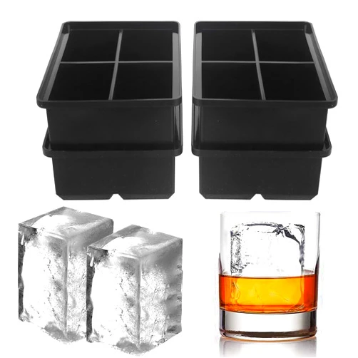 Witice Large Ice Cube Trays for Whiskey: witice Big Silicone Ice Cube Trays - Square Ice Cubed Tray for Bourbon Whisky and Cocktail - 4Pack Giant Silicon Ice Cube Tray (4 PACK, Black)