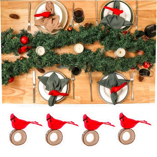 AIFOTO Christmas Napkin Rings Set of 4 Fall Wooden Napkins Ring Red Feather Birds Wood Banquet Holiday Party Table Decor Cardinal Decorations