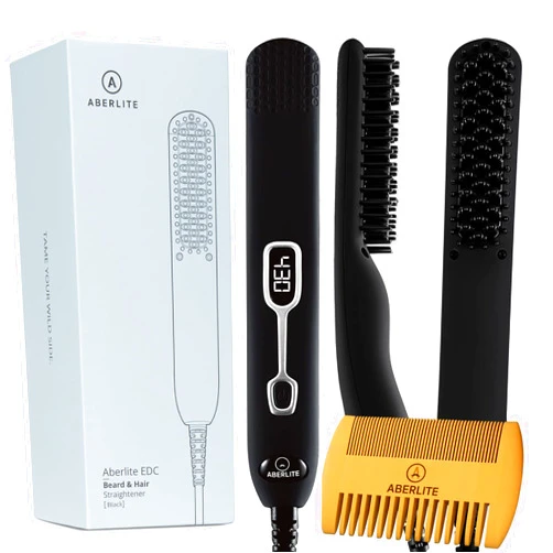 Aberlite EDC - Men's Professional Heated Beard Straightening Brush and Grooming Tool (for 0.5 inch plus Beards) (Black)