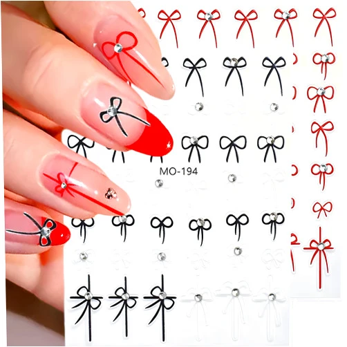 SPLOCUDU Bow Nail Art Stickers Decals 5D Embossed Self Adhesive Nail Decals Black Red Bow Nail Stickers for Nail Art with Rhinestone Nail Design Valentine's Day Nail Stickers for Women