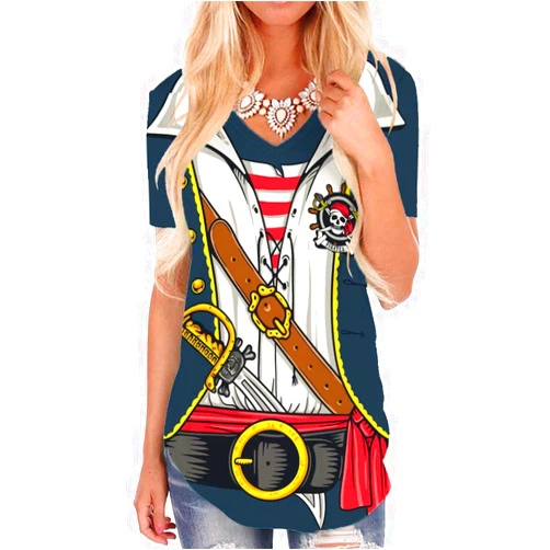 KYKU Pirate Shirt Costume Women V Neck Funny 3D Print Graphics Novelty Clothing