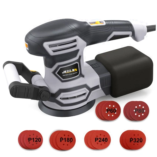 Jellas 3.8A(450W) Orbital Sander, Jellas 6 Variable Speeds Double Handle Random Orbit Sander, 5-Inch Electric Sander with 18pcs Sandpapers, Dust Collector, Ideal Power Sander for Woodworking(OS450)