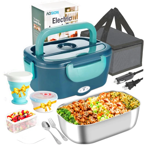 AOSION Electric Lunch Box for Adults, 3-IN-1 80W Self Heated Lunch Boxes Portable Food Warmer for Car/Truck/Office, Upgraded Luncheaze Box Leak-Proof Stainless Steel Container, Gifts for Men (Green)