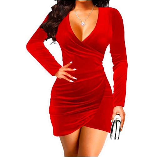SeNight Dresses for Women Sexy Ruched Sparkly Bodycon Long Sleeve Deep V Neck Club Mini Dress for Party Club Night
