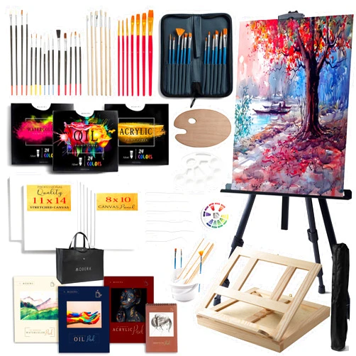 Modera Large Deluxe Artist Painting Set, 139-Piece Professional Art Paint Supplies Kit w/Aluminum Field & Wood Table Easel for Adults, Acrylic, Oil, Watercolor Paints, Brushes, Canvases, Sketch Pads & More