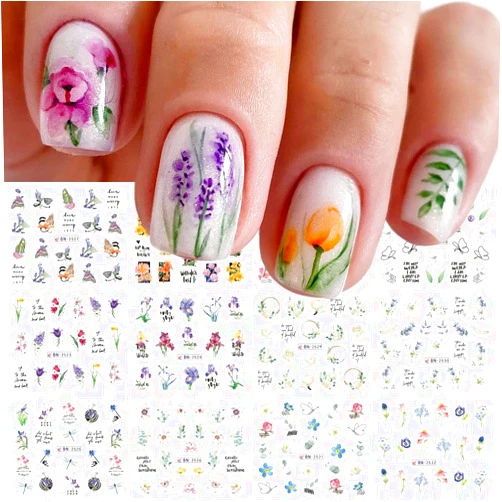 Qdsuh Flower Nail Art Stickers, Flower Nail Decals Water Transfer Nail Art Supplies Summer Lily Orchid Butterfly Small Floral Flowers Spring Nail Tattoo Stickers Accessories for Women Girls(12Sheets)