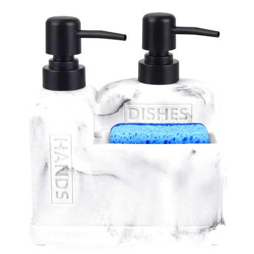 Deobath Kitchen Soap Dispenser Set,Dish Soap Dispenser and Hand Soap Dispenser Set with Sponge Caddy 3-in-1 Kitchen Dual Soap Dispenser Set for Kitchen,Bathroom - White Marble Look
