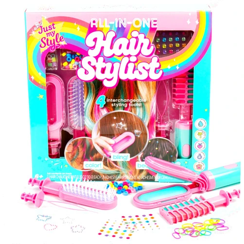 Just My Style All-in-One Hair Stylist, 4-in-1 Styling Tool with Gem Stamper, Beader, Chalk, and Brush - Fun Hair Accessories for Girls 8-12