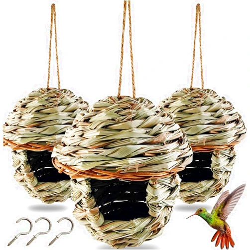 TIHOOD 3PCS Hummingbird House, Hand Woven Bird Nest for Outdoors Hanging, Small Grass Bird Houses for Outside, Natural Fiber Bird Hut Roosting Pocket for Finch Canary Chickadee