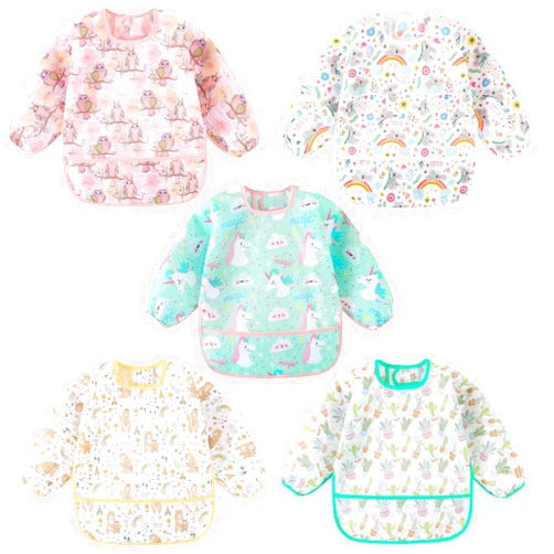 HaimoBurg Long Sleeved Bibs, Pack of 5,Lightweight Waterproof Shirt Bibs for Baby Toddler 6-30 Months