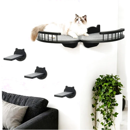 GADKE Cat Wall Shelves Furniture Set with Scratching Pad，Wooden Cat Climbing Wall Systems with 2 Perches and 3 Steps, Floating Shelves Bed Wall Mounted for Indoor Fit Up to 15Lbs (Black)