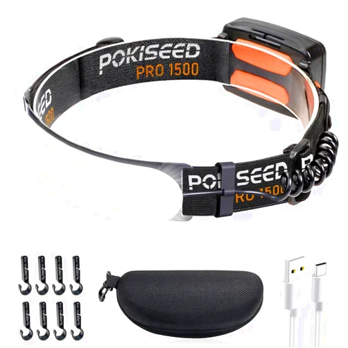 POKISEED 1500 Lumens Rechargeable LED Headlamp with 230° Beam, 3 Modes, IPX6 Waterproof - For Camping, Running, Fishing, Hard Hat Work