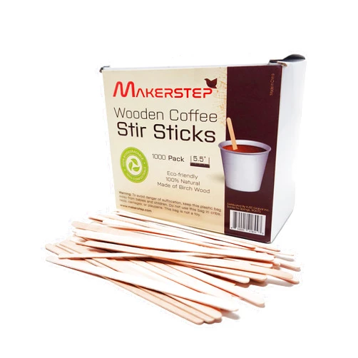 Makerstep 1000 Wooden Coffee Stirrers 5.5 Inch with Storage Box, Sturdy Natural Birch Wood Coffee Stir Sticks. Eco-friendly, Splinter Free, Round Ends. BPA Free Swizzle Drinks Sticks