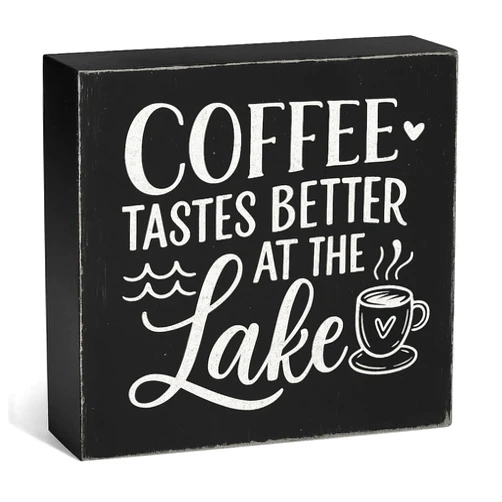 Lriumzn “Coffee Tastes Better at The Lake” Wood Box Sign - Rustic Lakehouse and Farmhouse Kitchen Decor - Gift for Lake Lovers, 5x5 Inch(Black)