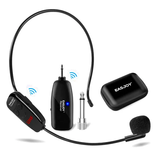 EASJOY Wireless Microphone Headset,Rechargable UHF Transmitter & Receiver Microphones System,2 in 1 Mic for Voice Amplifier,Pa System,Stage Speaker,Singing,Speaking,-Not Suitable for iphone & Smartphones