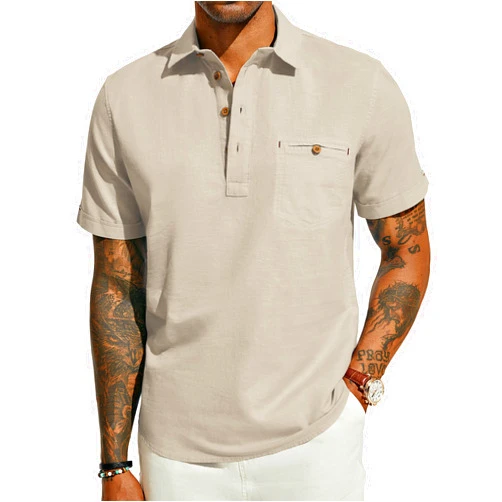 PJ PAUL JONES Men Cotton Linen Shirt Casual Short Sleeve Hippie Shirts Summer Beach Shirt Vacation Shirt with Pocket