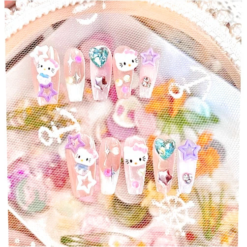 Pethawata Handmade Press on Nails Medium Coffin - Cute Kawaii Cartoon Y2K 3D Cartoon Cat Design 10Pcs(S)