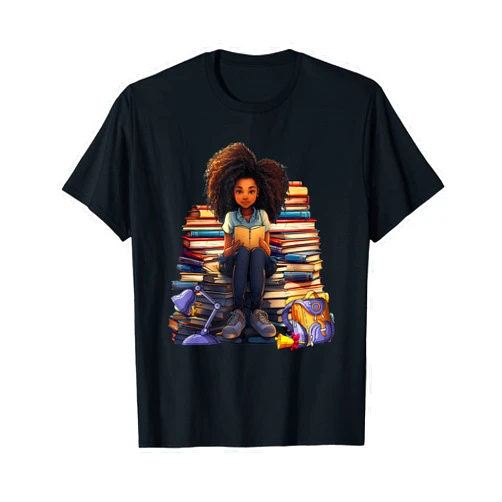 Book Lover African American Black Girls Kids Back To School Afro Melanin Girl Reading Book Bookworm T-Shirt