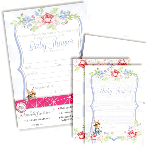 Amanda Creation Little Rabbit Baby Shower Invites for Boys, 20 5x7 Double Sided Fill In Blue Gingham Baby Shower Invitations with Twenty White Envelopes Watercolor Rabbit Baby Shower Cards It's a Boy