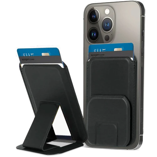 Mhvewi Magnetic Wallet Stand Compatible with iPhone 15/14/13/12 Series & Magsafe Case,Angle Adjustment, Store 1-2 Cards, Leather Magnetic iPhone Wallet, Black