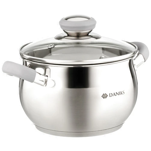 Daniks Modern Stainless Steel Stock Pot with Glass Lid | Induction 2 Quart | Dishwasher Safe Pot | Heatproof Handles | Soup Pasta Stew Pot | Silver