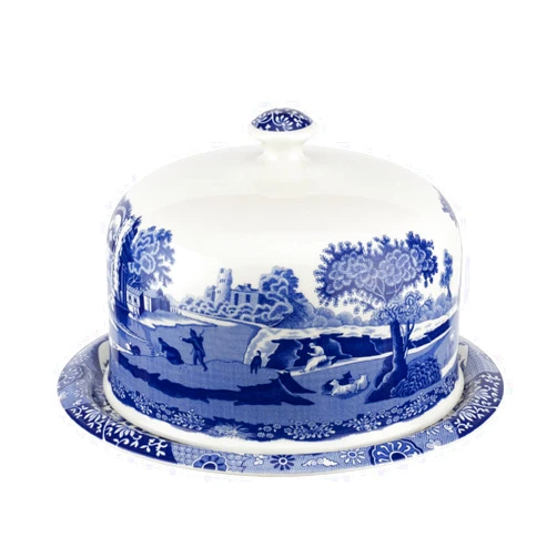 Spode Blue Italian 2 Piece Serving Platter with Dome Cover, Multifunctional Tray for Cake, Pastries, and Cheese, Made of Porcelain, Measures 11.5-Inches, Dishwasher Safe